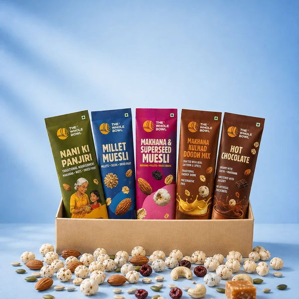 All five single-serve sachets in a kraft tray