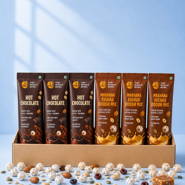 Six single-serve sachets, three Hot Chocolate and three Makhana Kulhad Doodh Mix