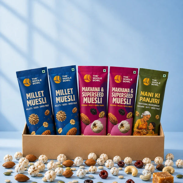 Five single-serve sachets, two Millet Muesli, two Makhana and SuperSeed Muesli and one Nani Ki Panjiri
