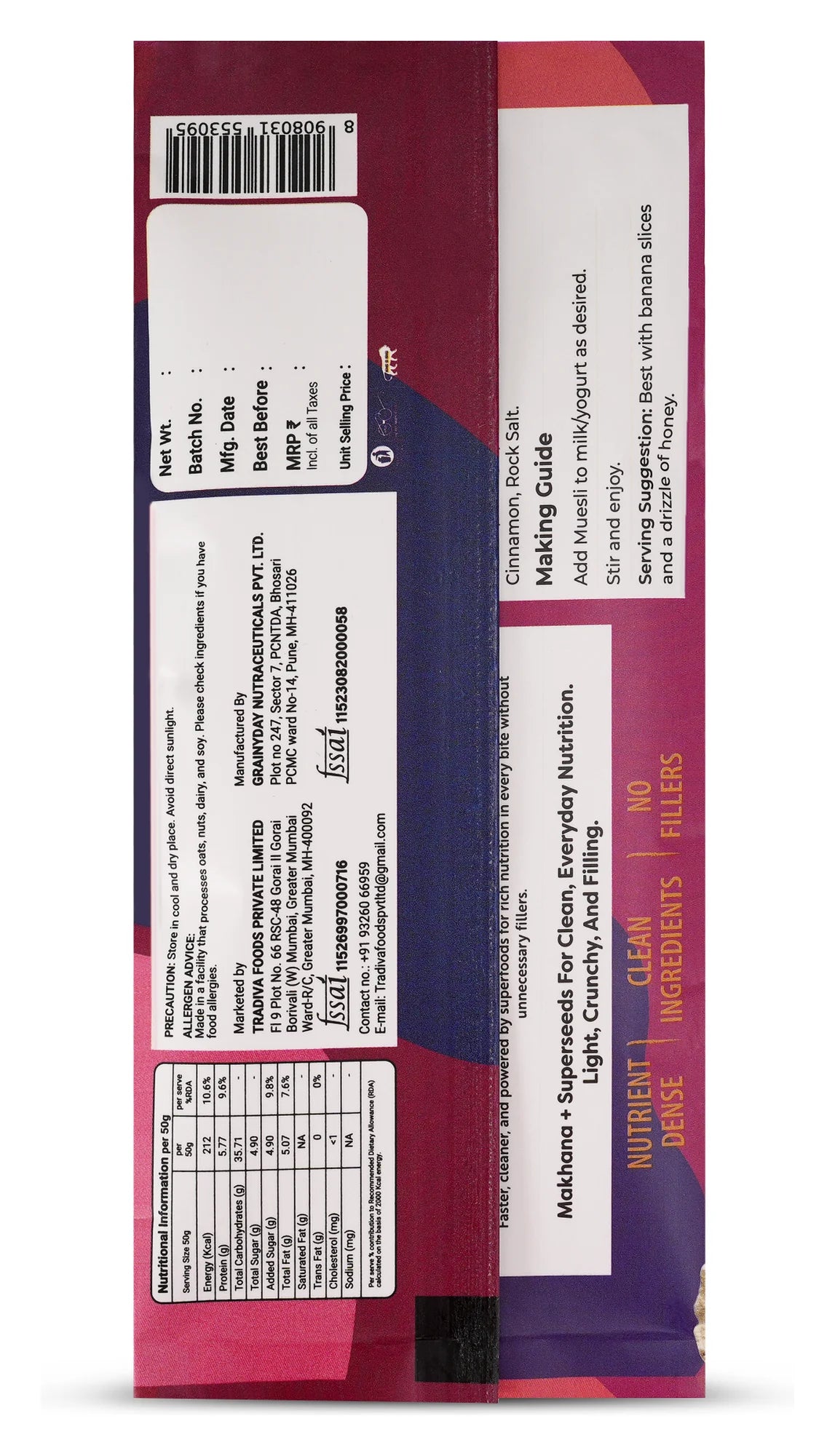 Makhana & SuperSeed Muesli sachet back panel