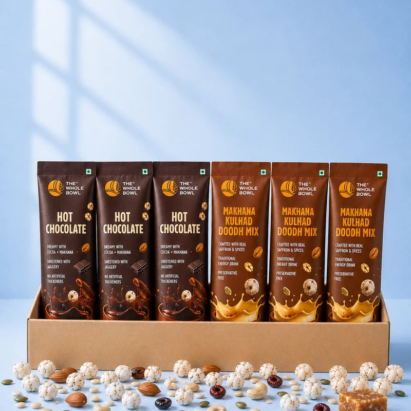 Six single-serve sachets, three Hot Chocolate and three Makhana Kulhad Doodh Mix