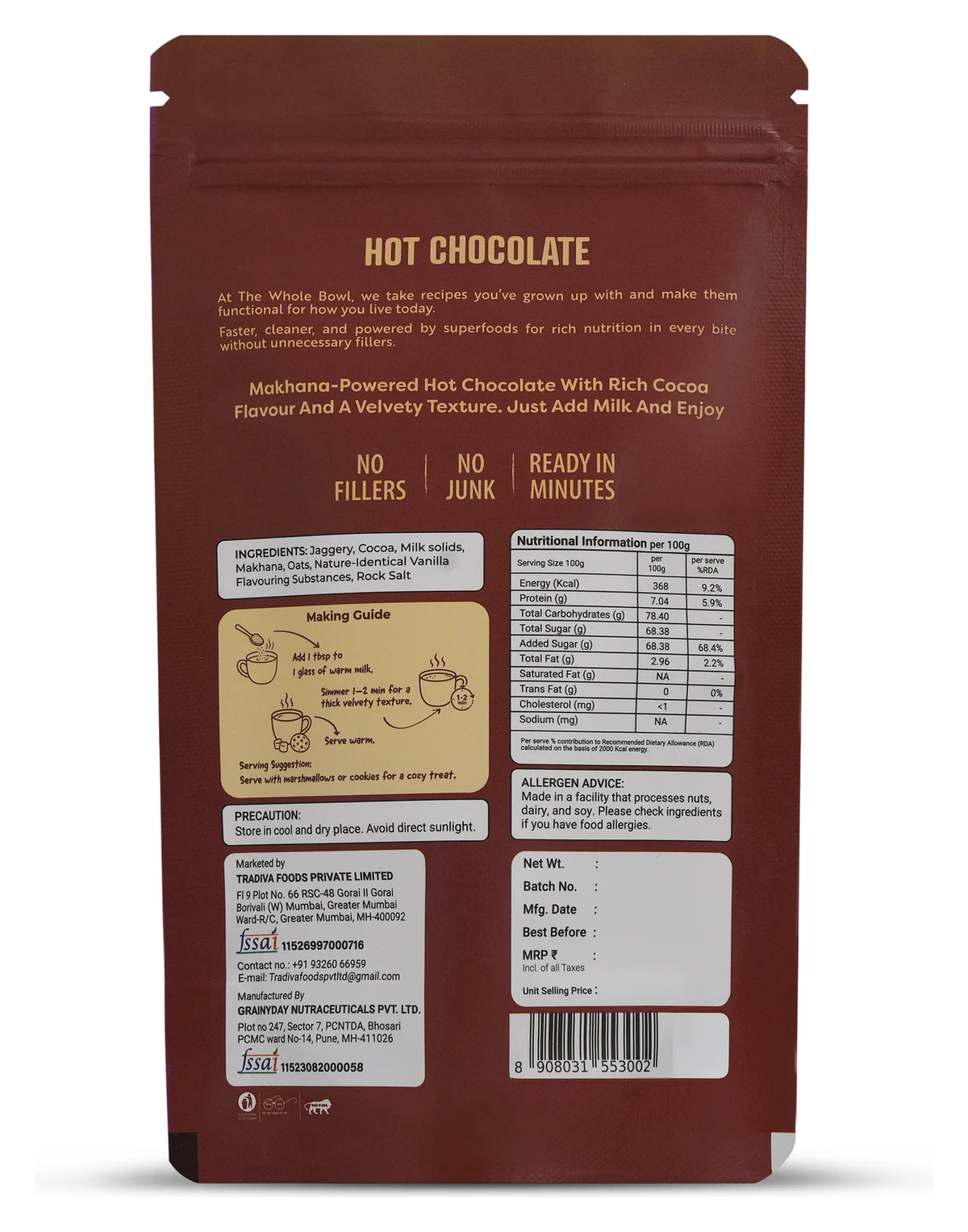 Hot Chocolate pouch back with ingredients and nutrition panel