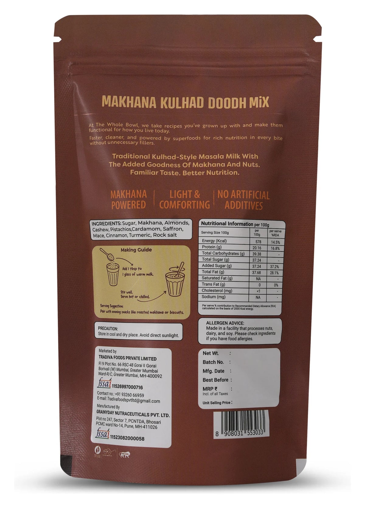 Makhana Kulhad Doodh Mix pouch back with ingredients and nutrition panel
