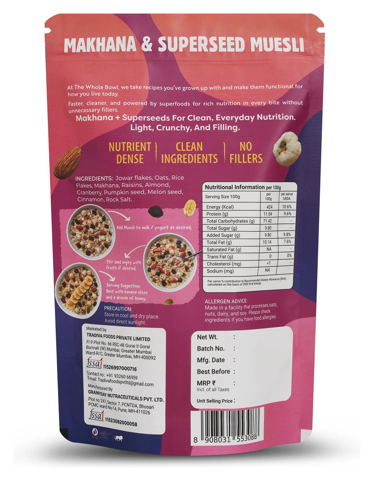 Makhana & SuperSeed Muesli pouch back with ingredients and nutrition panel