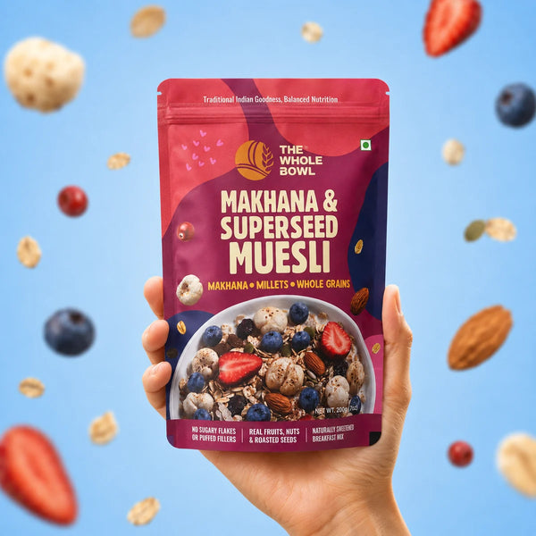 A hand holding the Makhana & SuperSeed Muesli pouch