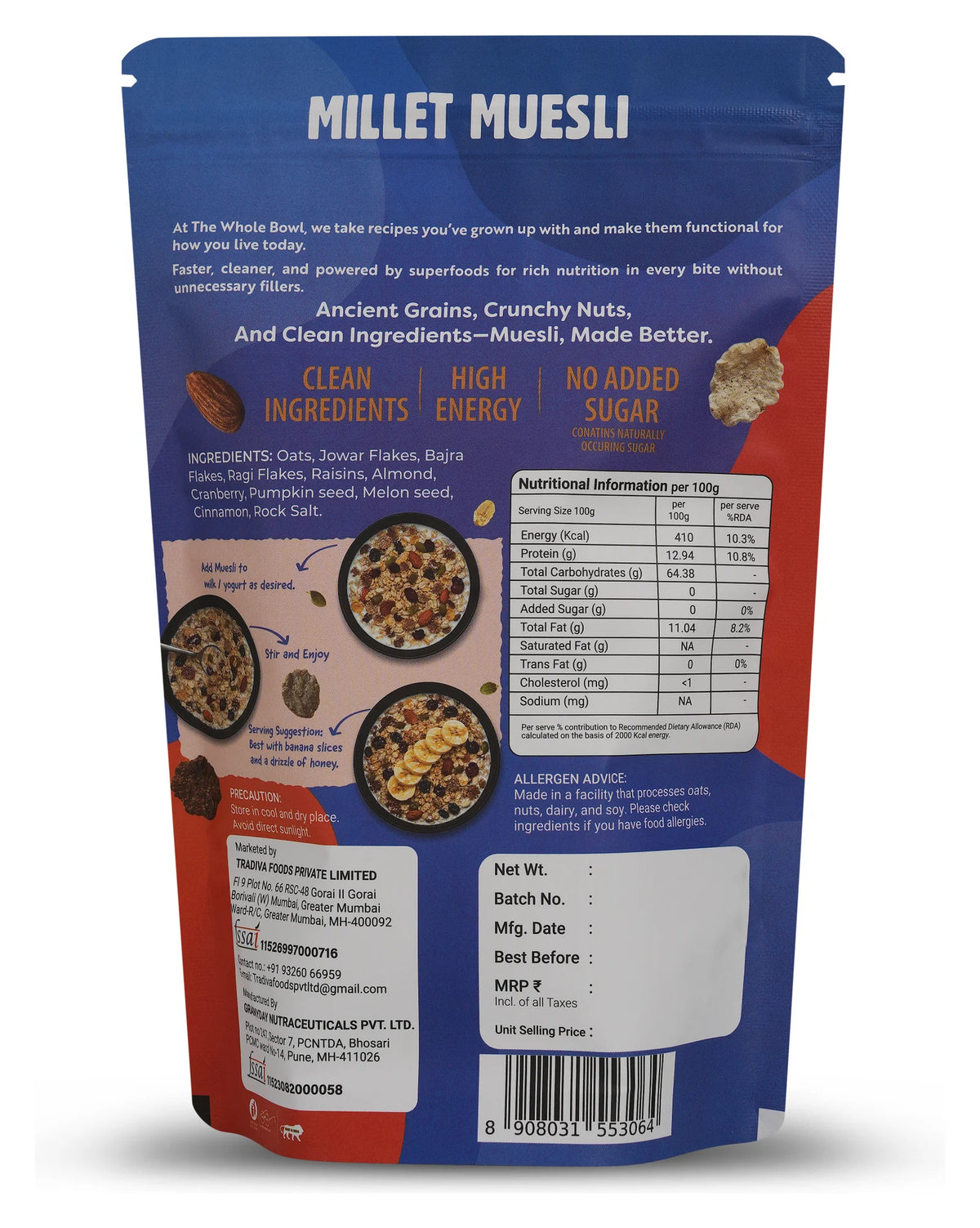 Millet Muesli pouch back with ingredients and nutrition panel
