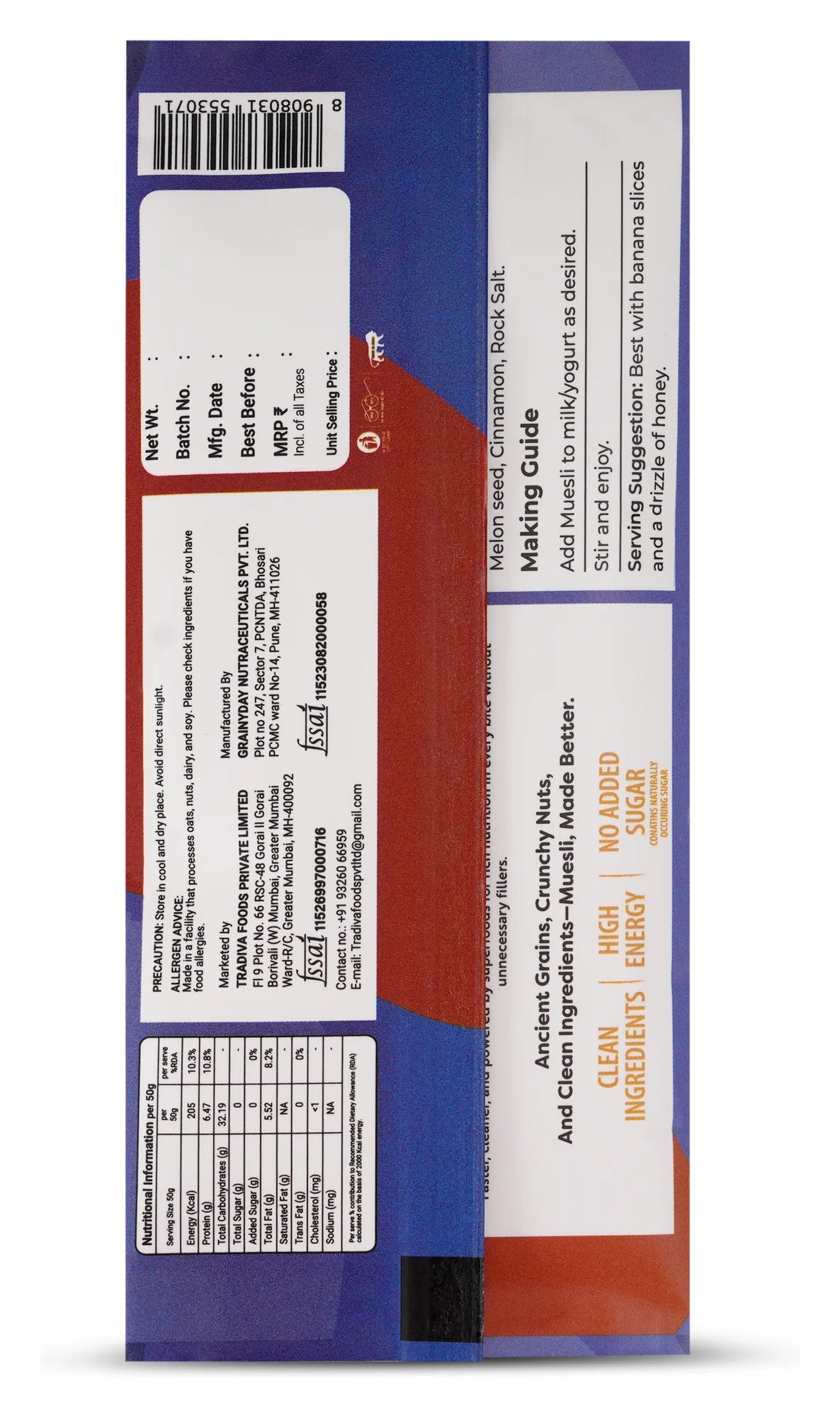 Millet Muesli sachet back panel