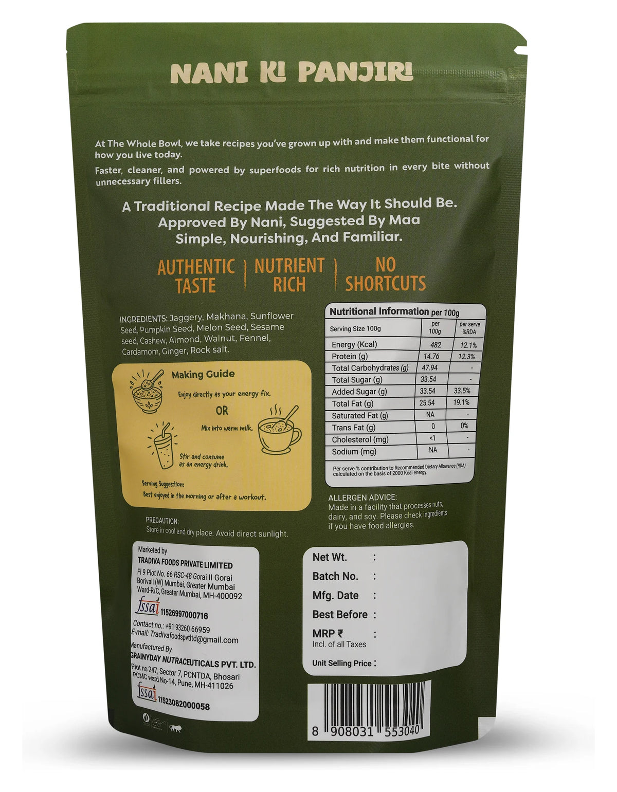 Nani Ki Panjiri pouch back with ingredients and nutrition panel