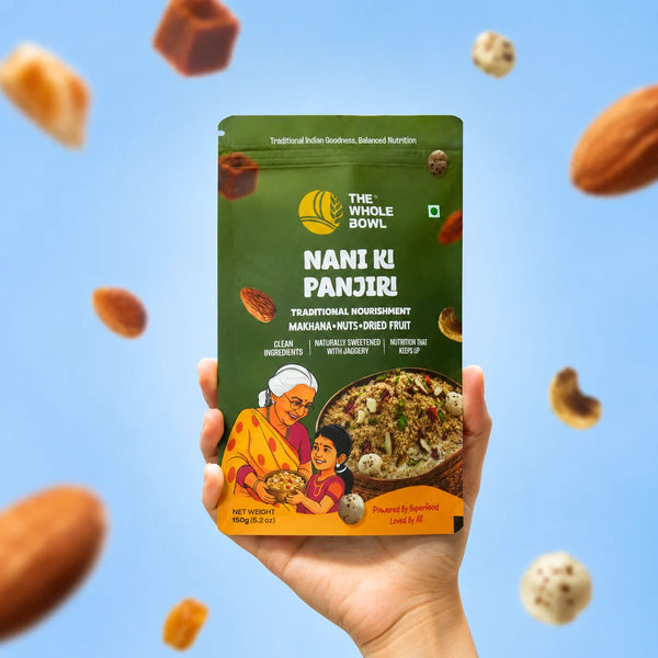 A hand holding the Nani Ki Panjiri pouch