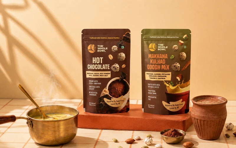 Makhana Kulhad Doodh Mix pouch beside a filled kulhad