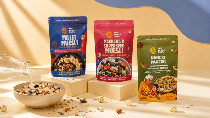 The three ready-to-eat pouches on plinths, milk poured into a bowl of muesli