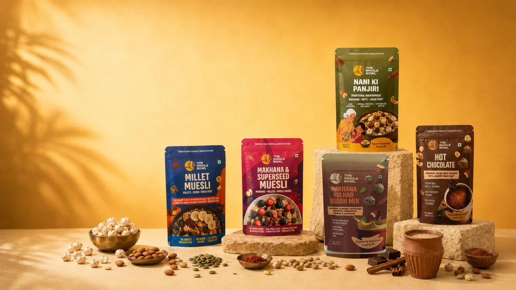 The Whole Bowl range: Millet Muesli, Makhana and SuperSeed Muesli, Makhana Kulhad Doodh Mix, Nani Ki Panjiri and Hot Chocolate with makhana, nuts and spices