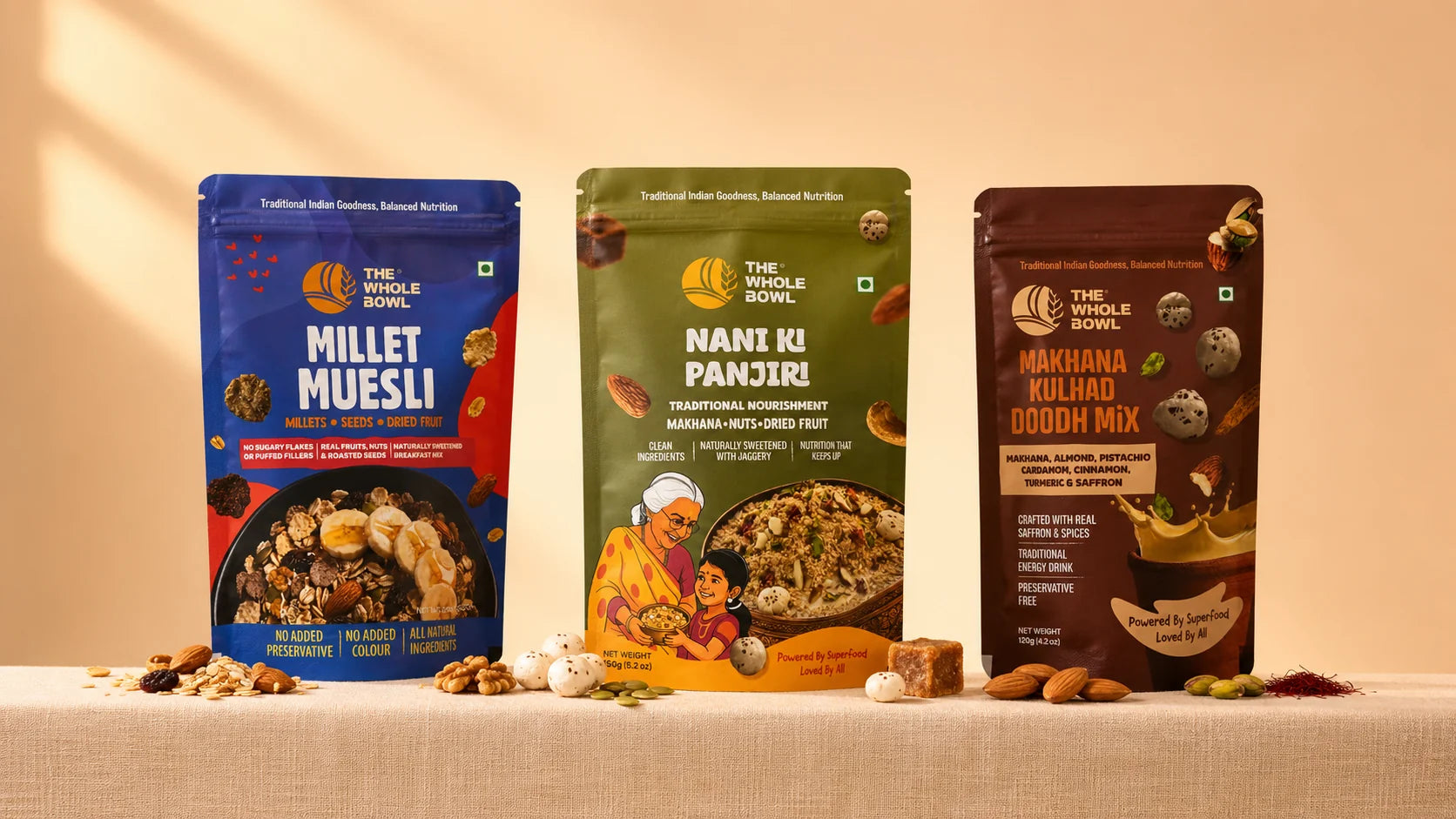 Millet Muesli, Nani Ki Panjiri and Makhana Kulhad Doodh pouches standing on a linen ledge with their ingredients
