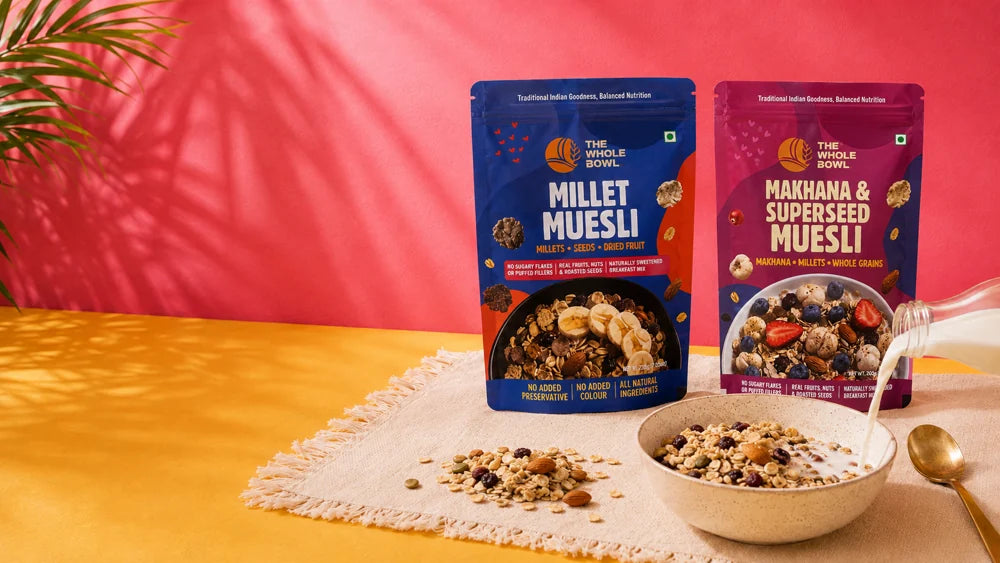 Millet Muesli and Superseed Muesli pouches beside a bowl of muesli
