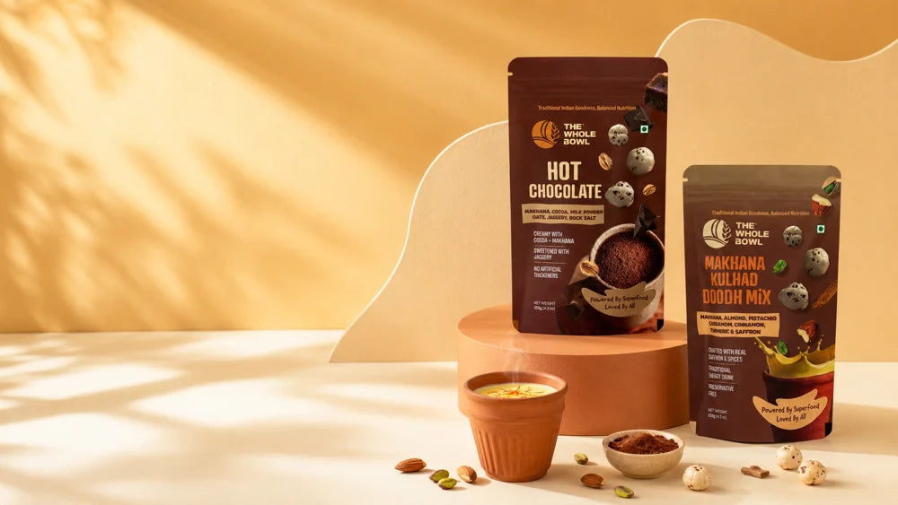 Hot Chocolate and Kulhad Doodh Mix pouches with a clay kulhad