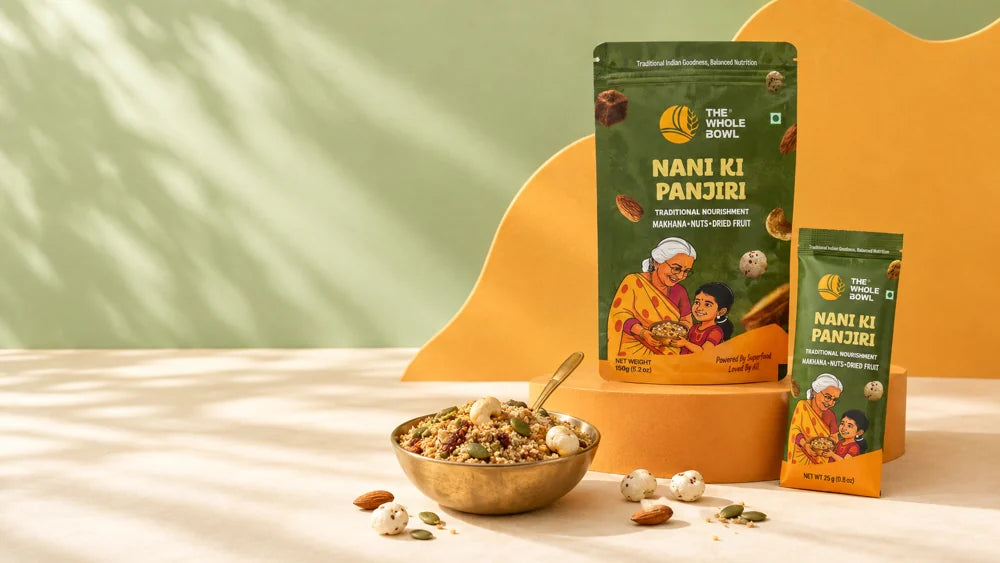 Nani Ki Panjiri pouch and sachet with a brass bowl of panjiri