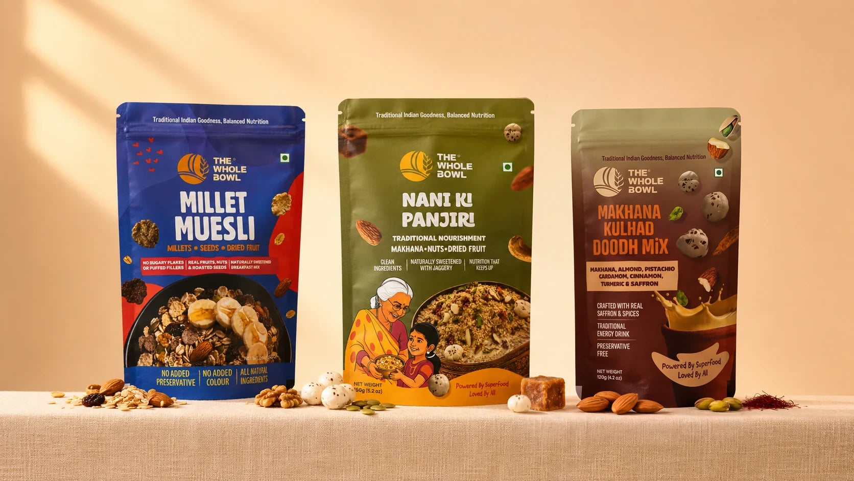 Millet Muesli, Nani Ki Panjiri and Makhana Kulhad Doodh pouches standing on a linen ledge with their ingredients